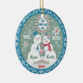 Eigen tekst Snowman Couple's eerste Kerstmis Keramisch Ornament (Rechts)