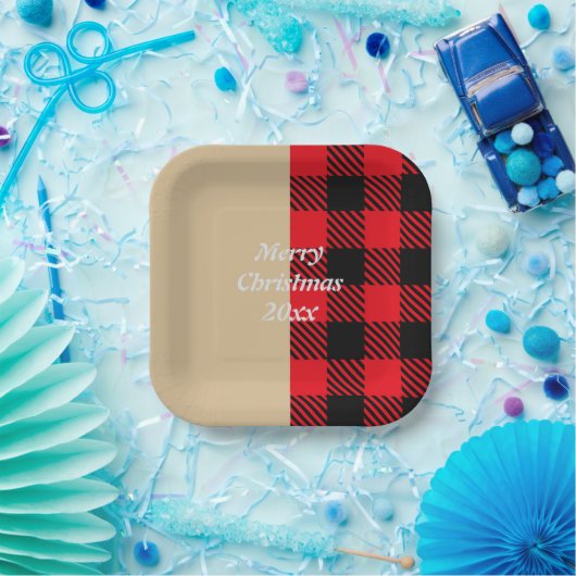 Eigen tekst trendy tartan patroon rood zwart papieren bordje (Feest)