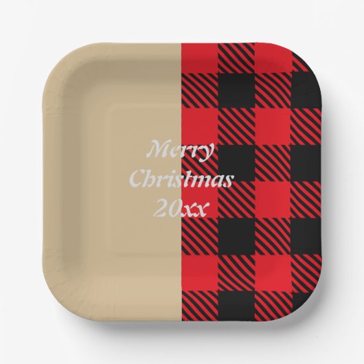 Eigen tekst trendy tartan patroon rood zwart papieren bordje (Voorkant)