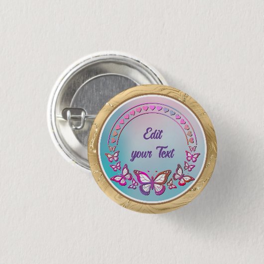 Eigen tekst, vlinders en hartenliefdesmonogram ronde button 3,2 cm (Voorkant /achterkant)