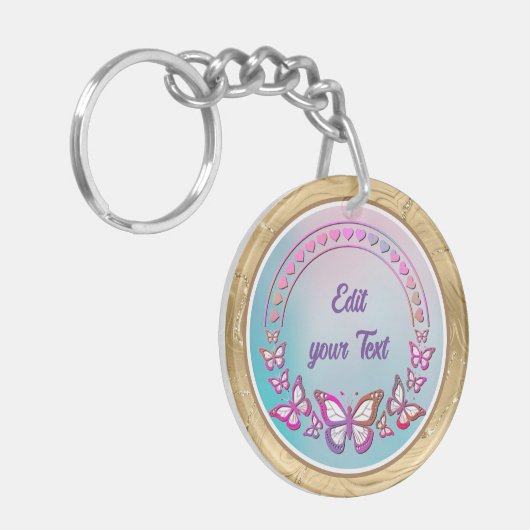 Eigen tekst, vlinders en hartenliefdesmonogram sleutelhanger (Voorkant Links)
