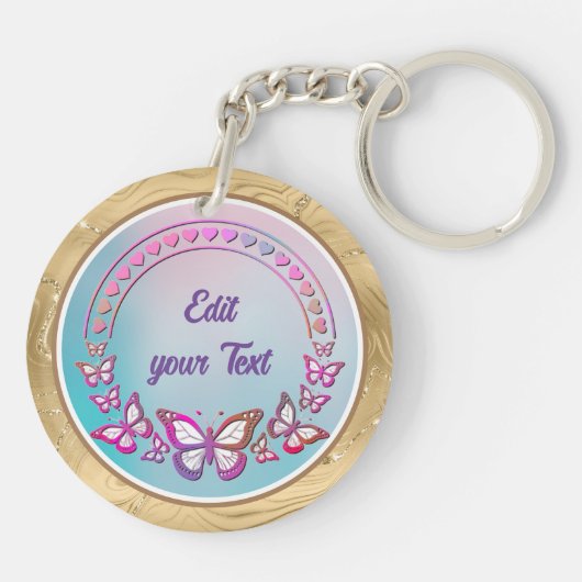 Eigen tekst, vlinders en hartenliefdesmonogram sleutelhanger (Achterkant)