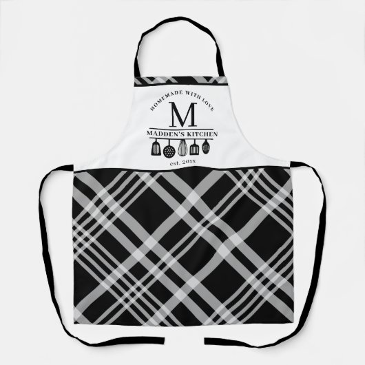 Eigen Tekst | Zwart-wit Buffalo Plaid Monogram Schort (Voorkant)