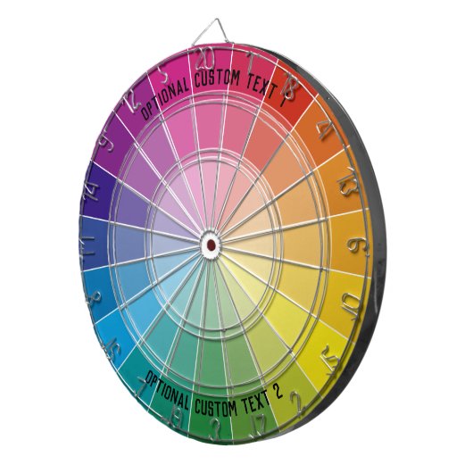 Eigen tekstregenboogkleurig zwart-wit kleurenwiel dartbord (Voorkant Rechts)