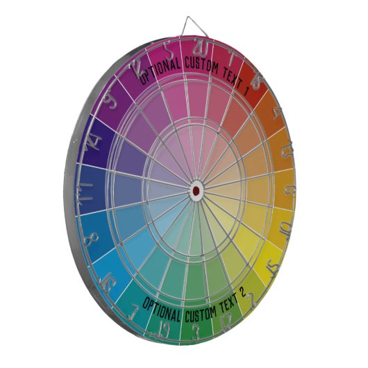 Eigen tekstregenboogkleurig zwart-wit kleurenwiel dartbord (Voorkant Links)