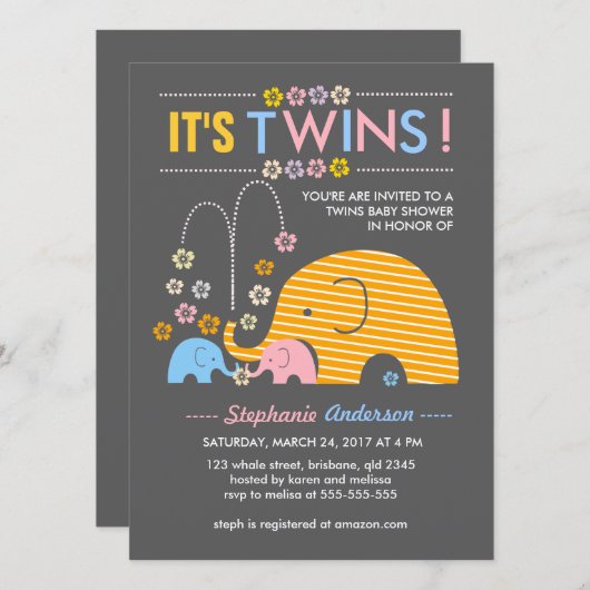 Eigen twijnen baby-olifant en bloemdouche kaart (Voorkant / Achterkant)