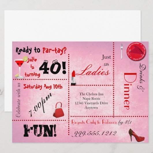 Eigen uitnodiging voor Rode en Roze verjaardag (Voorkant / Achterkant)