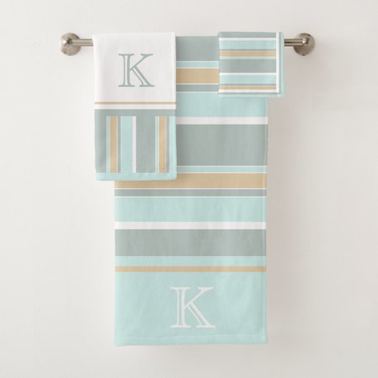 Eigen unieke Seafoam Green White Tan Stripe Art Bad Handdoek (Insitu)
