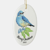 Eigen Waterverf blauwvogel met kersttong Keramisch Ornament (Rechts)
