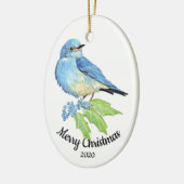 Eigen Waterverf blauwvogel met kersttong Keramisch Ornament (Links)