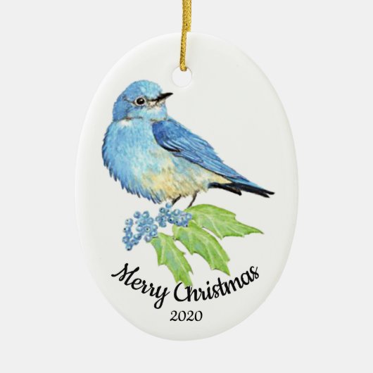 Eigen Waterverf blauwvogel met kersttong Keramisch Ornament (Voorkant)