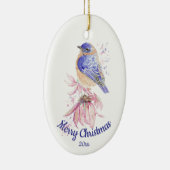 Eigen Waterverf blauwvogel met kersttong Keramisch Ornament (Rechts)