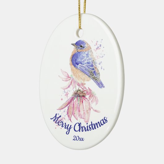 Eigen Waterverf blauwvogel met kersttong Keramisch Ornament (Links)