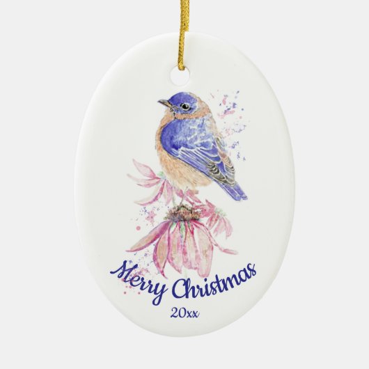 Eigen Waterverf blauwvogel met kersttong Keramisch Ornament (Voorkant)