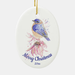 Eigen Waterverf blauwvogel met kersttong Keramisch Ornament