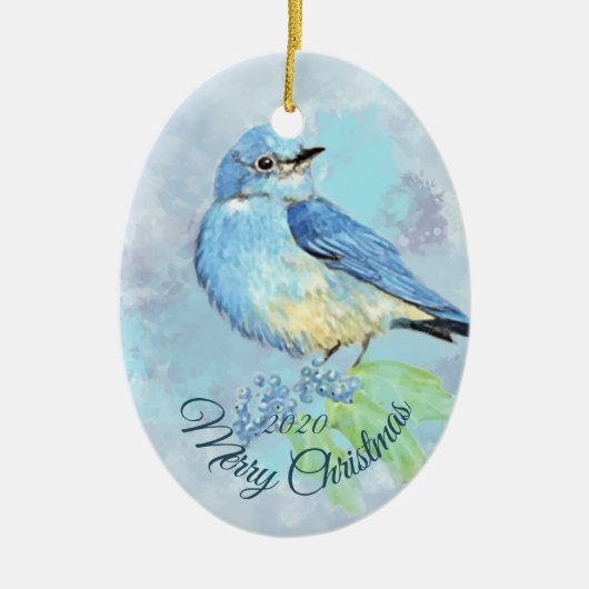 Eigen Waterverf blauwvogel met kersttong Keramisch Ornament (Voorkant)