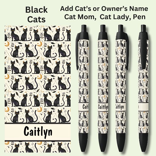 Eigenaar of Kattennaam toevoegen, Black Cats Illus Zwarte Inkt Pen