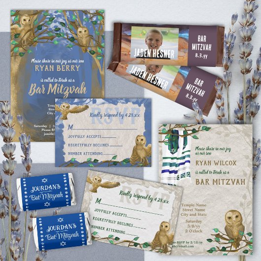 Eigenaren van de blauwe en beige Bar Mitzvah RSVP- Advieskaart