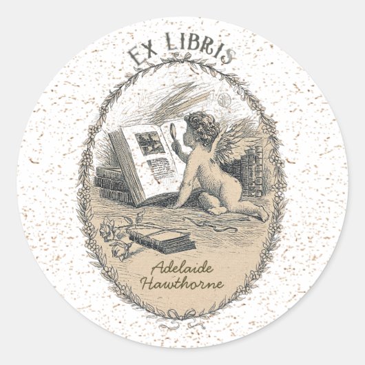Eigendom Bookplate Ex Libris Victoriaans Angel Ronde Sticker (Voorkant)