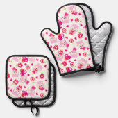 Eigendom, kotelbezit, roze bezit, hart ovenwant & pannenlap set (Voorkant / Achterkant)