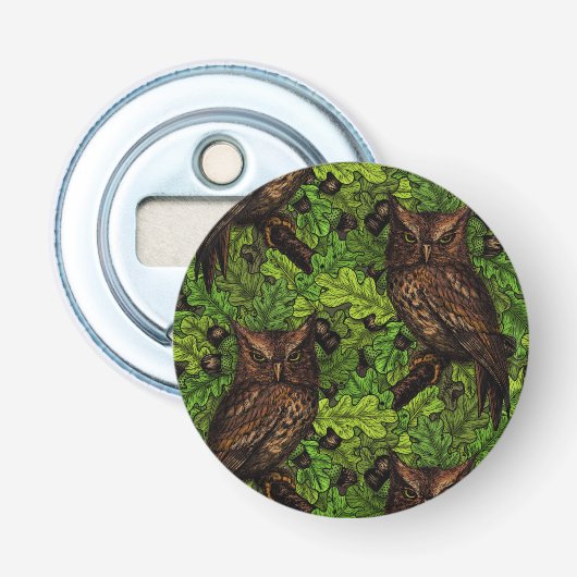 Eigendom van de eikenboom, groen en bruin button flesopener (Voorkant)