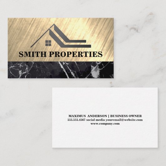 Eigendomsdak | Goud Metaal | Zwarte Marmer Visitekaartje (Voorkant / Achterkant)