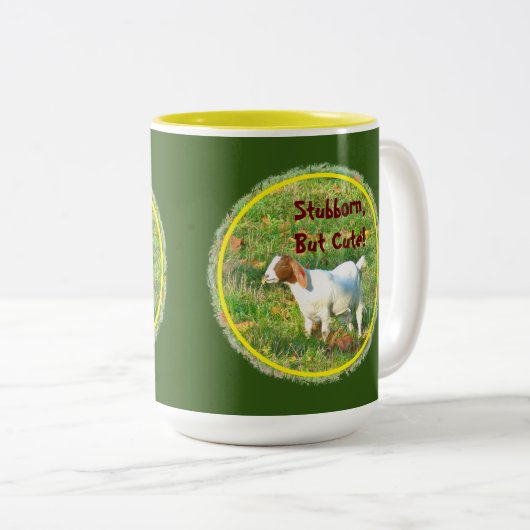 "eigenwijs maar Schattige" (geitenfoto) tweetonige Tweekleurige Koffiemok (Voorkant rechts)