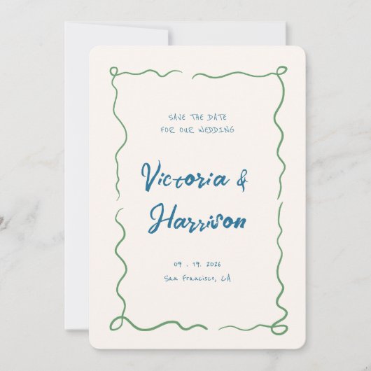 Eigenzinnig Blauw Hand Getrokken Golvende Squiggle Save The Date (Voorkant)