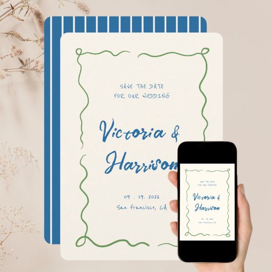 Eigenzinnig Blauw Hand Getrokken Golvende Squiggle Save The Date