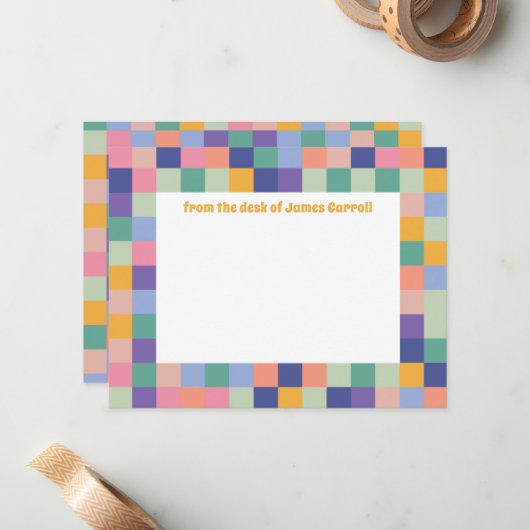 Eigenzinnig en Leuk Kleurrijk Checkerboard Grid Notitiekaartje (Voorkant / Achterkant in situ)