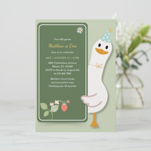 Eigenzinnig Gekke Gans Kinder 1e Verjaardagsfeestj Kaart (Staand voorkant)