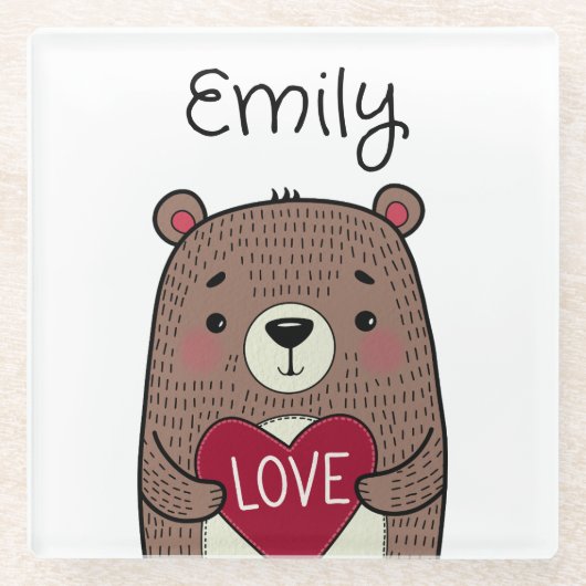 Eigenzinnig, grillig Beer met harttekening Glazen Onderzetter (Voorkant)