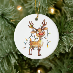 Eigenzinnig grillig rendier met boomlichten keramisch ornament
