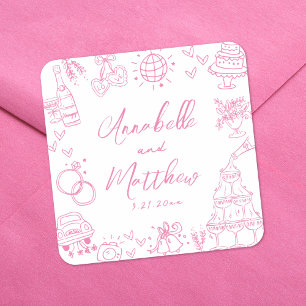 Eigenzinnig Handgetekend Roze Whimsical Huwelijk Vierkante Sticker