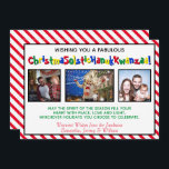 Eigenzinnig leuk drie foto's inclusief grillige feestdagenkaart<br><div class="desc">Deze leuke eigenzinnige kerstkaart bevat drie foto's en een humoristisch politiek correct bijschrift met de tekst "Wensende u een fantastische kerstsolstieke Chanoeka Kwanzaa!" - waarbij de woorden Kerstmis, Zonnewende, Chanoeka en Kwanzaa in één lang grappig woord worden gemengd. De achtergrond is rood en wit snoep strepen en er is een...</div>