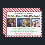 Eigenzinnig leuk drie foto's inclusief grillige feestdagenkaart<br><div class="desc">Deze leuke eigenzinnige kerstkaart bevat drie foto's en een humoristisch politiek correct bijschrift met de tekst "Wensende u een fantastische kerstsolstieke Chanoeka Kwanzaa!" - waarbij de woorden Kerstmis, Zonnewende, Chanoeka en Kwanzaa in één lang grappig woord worden gemengd. De achtergrond is rood en wit snoep strepen en er is een...</div>