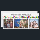 Eigenzinnig Plezier All-inclusive 3 Foto Primaire  Feestdagenkaart<br><div class="desc">Deze vreemde en leuke kerstkaart dekt alle kaartjes. De groet luidt "Wishing you a Fabulous ChristmaSolsticHanukKwanzaa!" - een vermenging van de woorden Kerstmis, Zonnewende, Hanukkah en Kwanzaa tot één lang woord. De tekst is geschreven in een fantasielettertype met afwisselende primaire kleuren en er is ruimte om drie foto's te uploaden....</div>