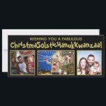 Eigenzinnig Politiek Correct 3 Foto Zwart & Goud Feestdagenkaart<br><div class="desc">Deze grappige politiek correcte vakantiepas dekt alle bases. De begroeting luidt: "Wens je een Fabulous ChristmasSolsticHanukKwanzaa!" - het mengen van de woorden Kerstmis Zonnewende, Chanoeka en Kwanzaa in een lang woord. De tekst is geschreven in een grillig gouden lettertype met een zwarte achtergrond, en er is ruimte om drie foto's...</div>