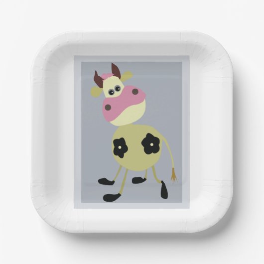 Eigenzinnige Cartoon Koe Fun Boerderij Dier Papieren Bordje (Voorkant)