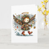 Eigenzinnige Christmas Angel Modern Folk Art Style Kaart (Gele Bloem)