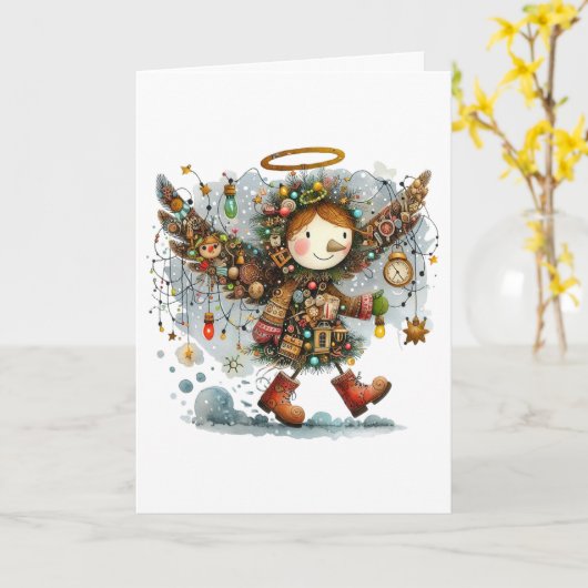 Eigenzinnige Christmas Angel Modern Folk Art Style Kaart (Gele Bloem)