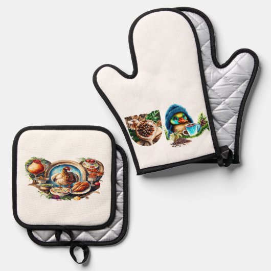 Eigenzinnige Coffee Lover Duck Design Ovenwant & Pannenlap Set (Voorkant / Achterkant)