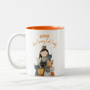 Eigenzinnige Crazy Cat Lady met naam Grappig Tweekleurige Koffiemok