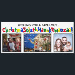 Eigenzinnige fun All Inclusive 3 foto primaire kle Feestdagenkaart<br><div class="desc">Deze eigenzinnige en leuke vakantiekaart dekt alle bases. De begroeting luidt: "Wens je een Fabulous ChristmasSolsticHanukKwanzaa!" - het mengen van de woorden Kerstmis Zonnewende, Chanoeka en Kwanzaa in een lang woord. De tekst is geschreven in een grillig lettertype met afwisselende primaire kleuren, en er is ruimte om drie foto's te...</div>