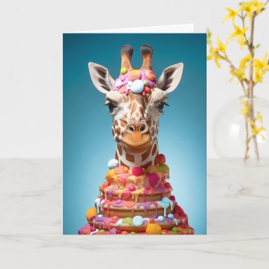 Eigenzinnige Giraffe Cake Schattige Funny Animal B Kaart (Gele Bloem)