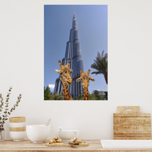 Eigenzinnige Giraffes bij Burj Khalifa Wall Art Poster (Keuken)