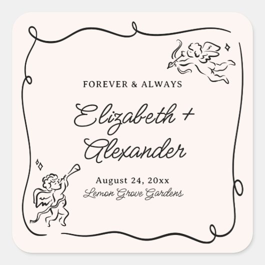 Eigenzinnige & grillige Cupido Cherubs bruiloft Vierkante Sticker (Voorkant)