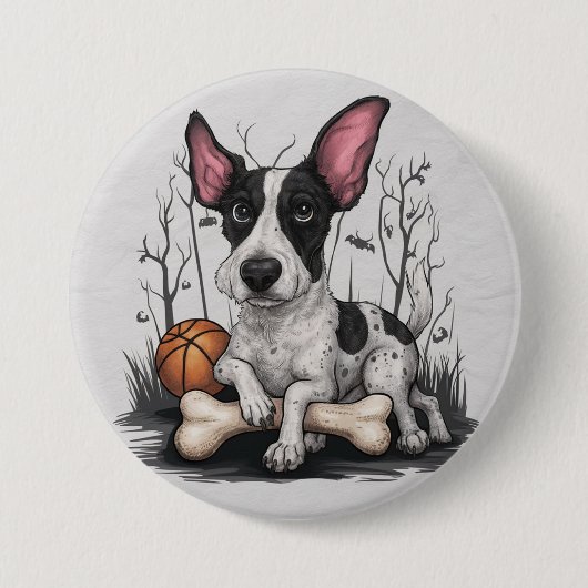 Eigenzinnige Halloween Pup: Gevlekte Hond Met Bask Ronde Button 7,6 Cm (Voorkant)