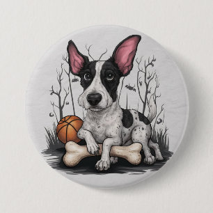 Eigenzinnige Halloween Pup: Gevlekte Hond Met Bask Ronde Button 7,6 Cm