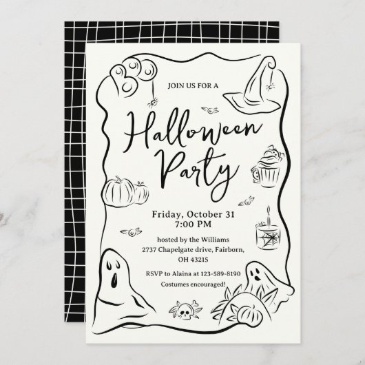 Eigenzinnige Hand Drawn Doodle Halloween Party Kaart (Voorkant / Achterkant)